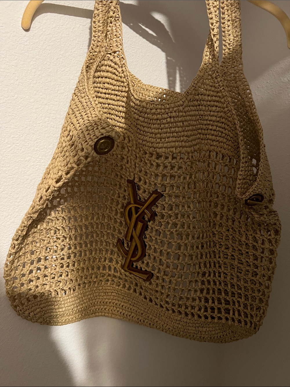 Saint Laurent Tan Crochet Tote with YSL Logo